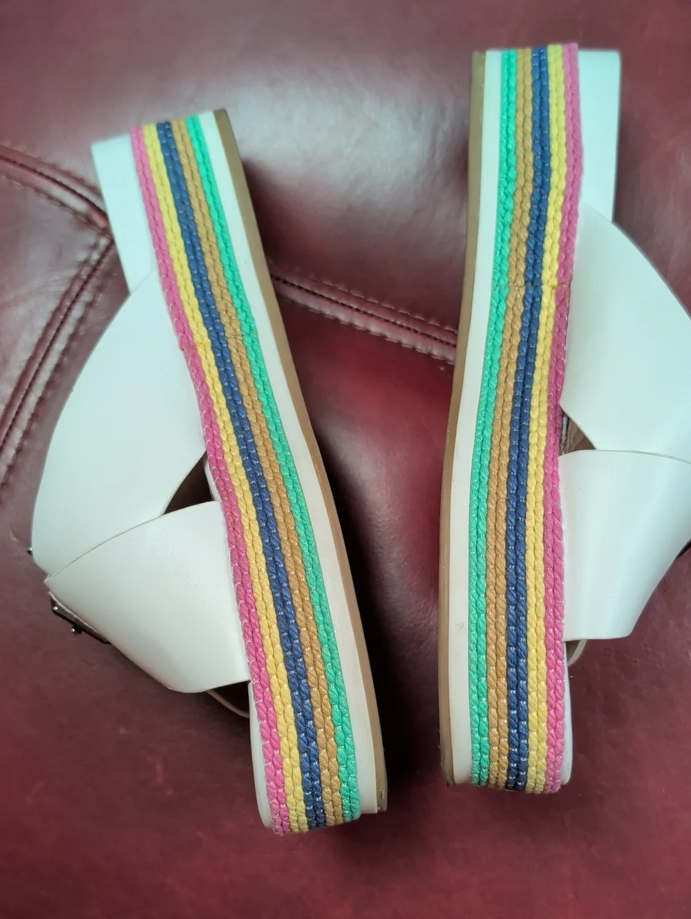 Louise et Cie White Leather Platform Slide Sandals with Rainbow 6.5